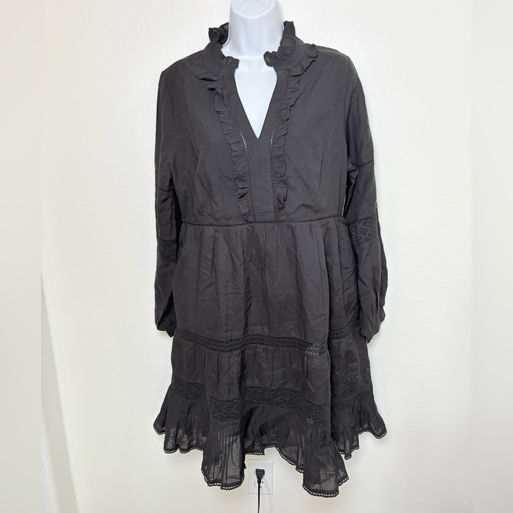 NEW Sundance Catalog Bromlee Black Ruffle Trim Dress Lace Lined Puff Sleeves - Picture 3 of 7